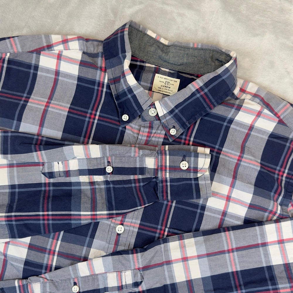 J.Crew 2-Ply 100% Cotton Plaid Button Down Shirt Large Navy Madras Mauritius